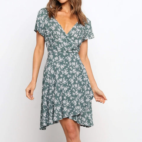 Fashion Sexy Deep V Women's Dress, Printed Short-sleeved All-match Slim Fit Women's Casual Dresses For Women Casual Midi#g30