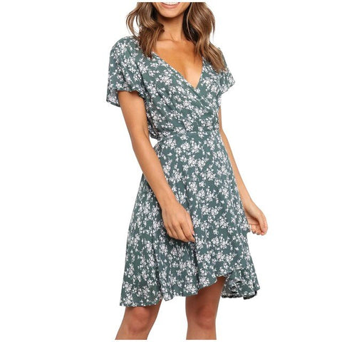 Fashion Sexy Deep V Women's Dress, Printed Short-sleeved All-match Slim Fit Women's Casual Dresses For Women Casual Midi#g30