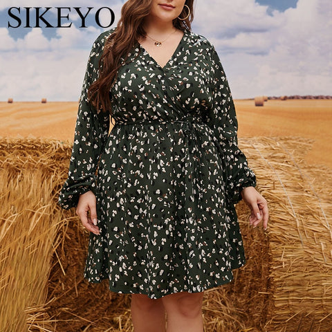 Women Floral Plus Size One-piece Dress Long Sleeve Loose Chiffon Knee Length V-neck Casual Fashion Dress SKW023
