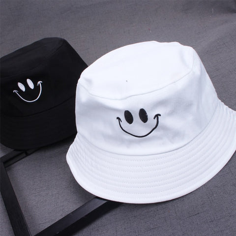 1PC Women Smile Bucket Hat Double Sided Bucket Hat Smiling Face Unisex Fashion Bob Cap Hip Hop Gorro Men Summer Cap