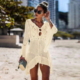 2021 Summer Sexy Women Cover Ups Lace Crochet Bikini White Blouse Hollow Out V-Neck Beach Cover-Up Swim Wear Mesh Beach Dress