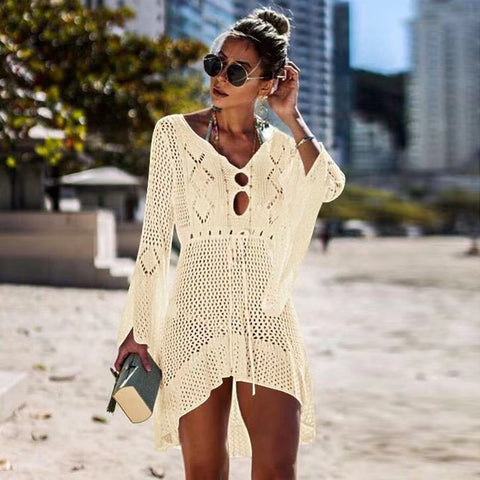 2021 Summer Sexy Women Cover Ups Lace Crochet Bikini White Blouse Hollow Out V-Neck Beach Cover-Up Swim Wear Mesh Beach Dress