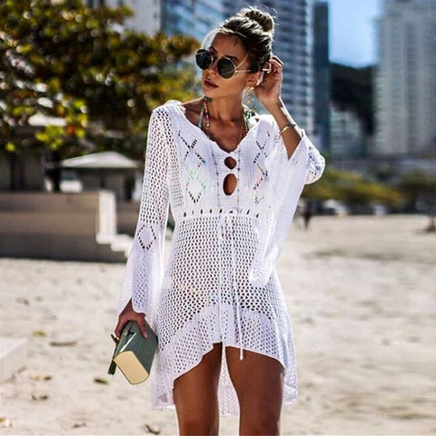 2021 Summer Sexy Women Cover Ups Lace Crochet Bikini White Blouse Hollow Out V-Neck Beach Cover-Up Swim Wear Mesh Beach Dress