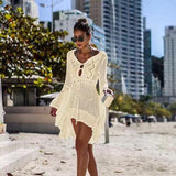 2021 Summer Sexy Women Cover Ups Lace Crochet Bikini White Blouse Hollow Out V-Neck Beach Cover-Up Swim Wear Mesh Beach Dress