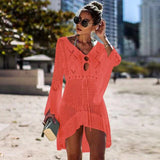 2021 Summer Sexy Women Cover Ups Lace Crochet Bikini White Blouse Hollow Out V-Neck Beach Cover-Up Swim Wear Mesh Beach Dress