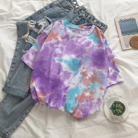 GoneGoing 2021 New Summer Fashion Women Short Sleeve Tie-dye T shirts O Neck Loose Korea Harajuku Ins Tees 070101