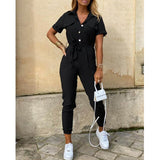 PING ZHAO Elegant Woman Jumpsuits Casual Button Down Cuffed Short Sleeve Playsuit Jumpsuit Women's 2021