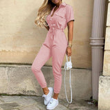 PING ZHAO Elegant Woman Jumpsuits Casual Button Down Cuffed Short Sleeve Playsuit Jumpsuit Women's 2021