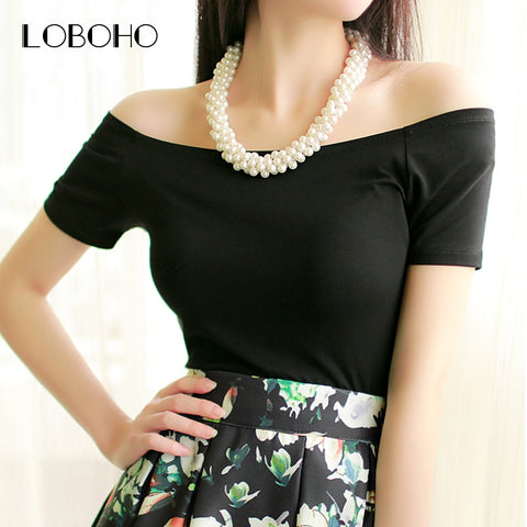 New 2021 Summer Fashion Sexy Off The Shoulder Tops For Women Casual Short Sleeve Cotton T-shirts Black White Red Gray Blue Black