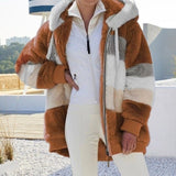 2021 Women Coat Cashmere Women Jacket Winter Ladies Coat Casual Stitching Plaid Ladies Clothes Hooded Zipper Dropshipping