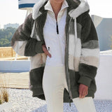 2021 Women Coat Cashmere Women Jacket Winter Ladies Coat Casual Stitching Plaid Ladies Clothes Hooded Zipper Dropshipping
