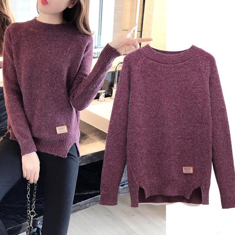 FMFSSOM Fall Long Sleeve Women Sweater Slit Femme Solid Pullover Female Knitwear Casual Knitted Top Sweater Winter Clothes Woman