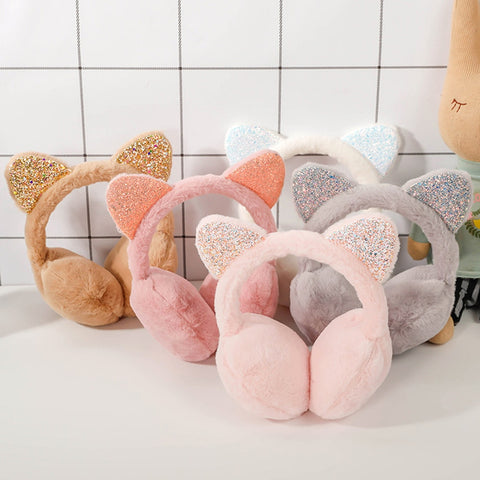 5 color Child Cute Cat Ears Winter Outdoor Warm Earmuffs Cute Cat Ear Plush Earmuffs Shiny Sequin Soft Earflaps Headband for Kid