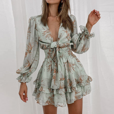 Elegant Dresses For Women 2021 Boho Floral Print Deep V Neck Chiffon Mini Dress Self-tie Knot Front Ruffle A Line Party Vestidos