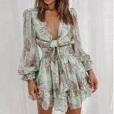 Elegant Dresses For Women 2021 Boho Floral Print Deep V Neck Chiffon Mini Dress Self-tie Knot Front Ruffle A Line Party Vestidos