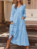 Autumn and winter classic women's buttoned cotton and linen retro casual long-sleeved dress with large swing dress multicolor