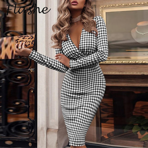 Women's Dress Sexy Bodycon Dress Women Elegant Print Long Sleeve Dress Women Fashion V Neck Party Dresses 2021