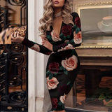 Women's Dress Sexy Bodycon Dress Women Elegant Print Long Sleeve Dress Women Fashion V Neck Party Dresses 2021