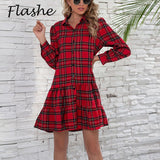 New 2021 Christmas Red Plaid Dress Women Long Sleeve Turn Down Collar Shirt Dresses For Women Mini Autumn Dress Party Vestidos