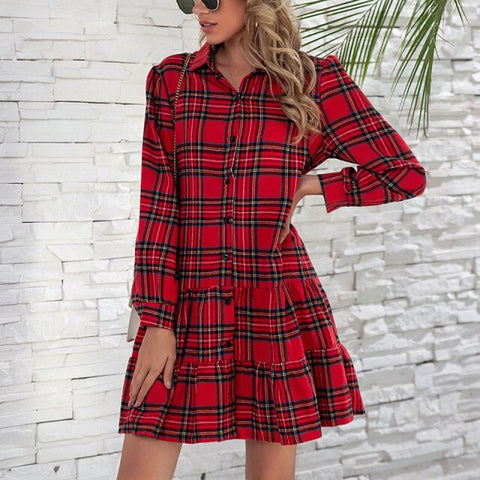 New 2021 Christmas Red Plaid Dress Women Long Sleeve Turn Down Collar Shirt Dresses For Women Mini Autumn Dress Party Vestidos