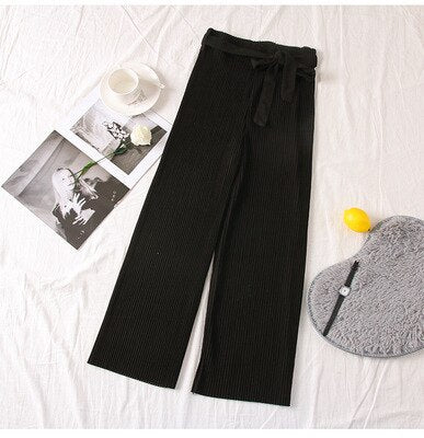 Autumn Wide Leg Pants Women Casual High Waist Pants with Bow Belt 2019 New Pleated Pant Trousers Femme