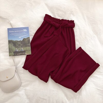 Autumn Wide Leg Pants Women Casual High Waist Pants with Bow Belt 2019 New Pleated Pant Trousers Femme