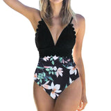 2021 Women One Piece Swimsuits Ruffle Sexy Leaf Print Deep V Neck Adjustable Bathing Suit Backless Bodysuit Plus Size Beachwear