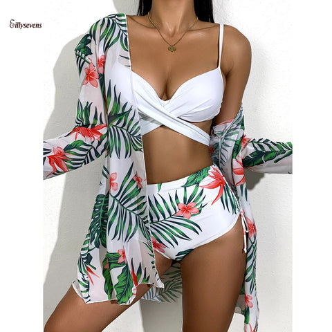 Three Piece Women's Swimsuit 2021 Fashion Printing Sexy Bikini Mesh Split Swimsuit Beach Suit Maillot De Bain Femme