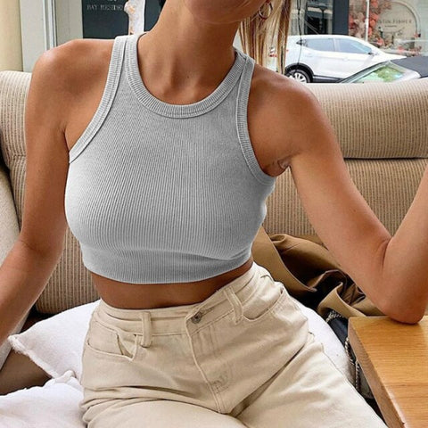 Knitted Khaki White Summer Women Tops Sexy Crop Vest Solid Fashion Korean Female Off Shoulder Fashion Ribbed Tank Tops G1653