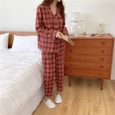 Sleepwear Women's Pajamas Casual Plaid Turn Down Collar Sleep Tops Elastic High Waist Pants Home Suit for Women Pyjama Femme
