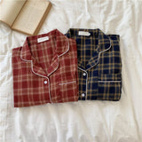 Sleepwear Women's Pajamas Casual Plaid Turn Down Collar Sleep Tops Elastic High Waist Pants Home Suit for Women Pyjama Femme