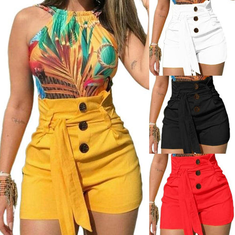 ONCE Women Shorts High Waist Buttons Sashes Elegant Zipper Lace-up Skinny Shorts Solid Plus Size Pockets Summer Casual Trouses